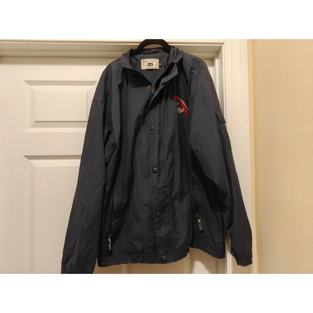 Lee Authentic Apparel Mens 2XL Navy Blue Ripstop Windbreaker Jacket Saugus Logo